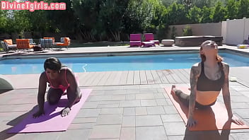 Yoga Asian and Black TS MILFS in 3some bareback action