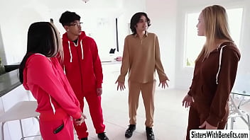 Interracial foursome with asian teen stepsis and stepbrothers