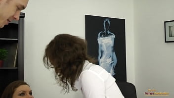 Brunette secretary is having some wet fun with two colleagues in the office