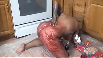 Kitchen nude solo body painting session for this hot ebony with nice jugs
