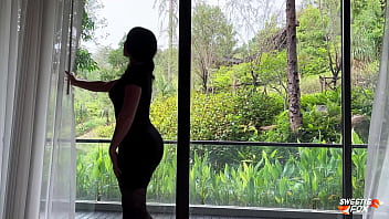 Wild Beauty Public Doggystyle Fucks at the Panoramic Window and Gets Cum in Mouth