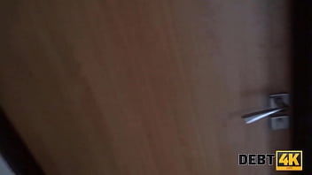 DEBT4k. Bimbo brunette pays the rent using juicy tits and tight pussy