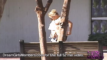 Two Hot Coeds Ride Around Town Flashing