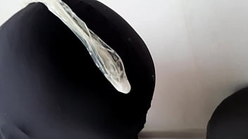 Dominatrix Nika and her two slaves. Games with sperm in condoms. Cum in a condom from the ass.