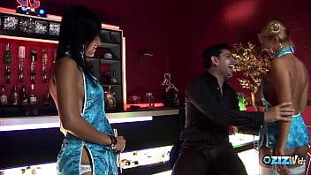 Two amazing waitresses fucking with a guy in the club