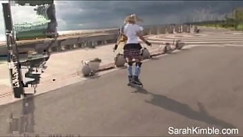 Sweet Sarah Kimble roller blade on the part and showing her pussy closeup naked outdoor