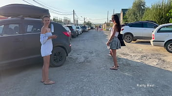 Two girls walk in public without panties and show pussies