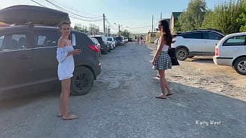 Two girls walk in public without panties and show pussies
