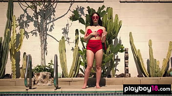 Hot small titted brunette teen Jane Wilde gets rid of her sexy red bikini