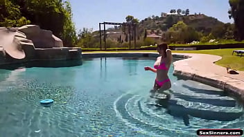 Busty milf titfucks the poolboy outdoors