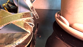 business bitch shows her high heels collection - gives a nice shoejob wearing her sexy wedges, business-bitch