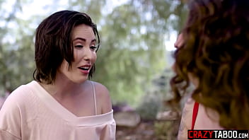 Lesbian couple Casey Calvert and big ass MILF Arabelle Raphael rough threesome sex with perverted big cock guy