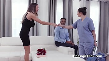 Husband watches wife scissoring with hot masseuse