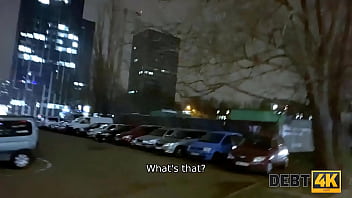 DEBT4k. Tiny brunette distracts muscular collector using her cunny