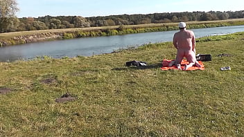 Wild beach. Nudist beach. Outdoors on bank of river lover fucks doggystyle beautiful sexy MILF Frina. Oudoor. Ouside. Naked in public. Sex in public