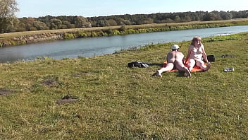 Wild beach. Nudist beach. Outdoors on bank of river lover fucks doggystyle beautiful sexy MILF Frina. Oudoor. Ouside. Naked in public. Sex in public