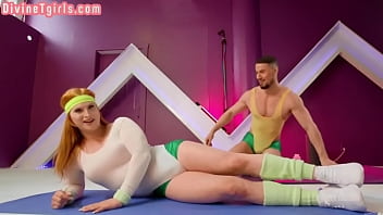 Redhead yoga TS bareback fucked by trainer after cocksucking