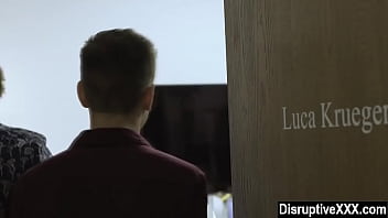 Young gay office workers compete for their boss'_s cock