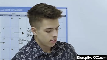 Young gay office workers compete for their boss'_s cock