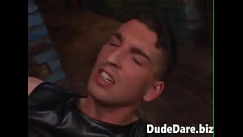 Brunette in a leather vest banged in the ass hard