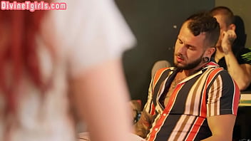 Ginger trans beauty sucks before riding in cafe couple