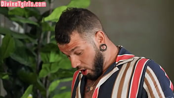 Ginger trans beauty sucks before riding in cafe couple