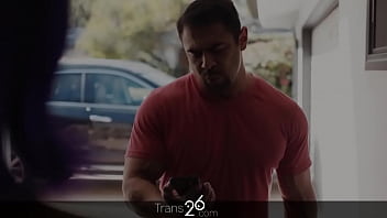 This transsexual girl fucks the plumber while her boyfriend is in the next room.