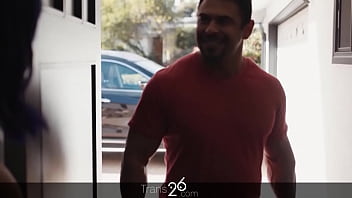 This transsexual girl fucks the plumber while her boyfriend is in the next room.