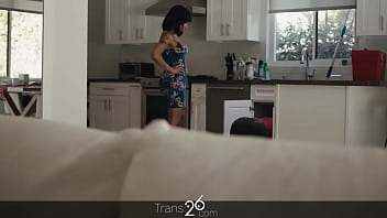 This transsexual girl fucks the plumber while her boyfriend is in the next room.