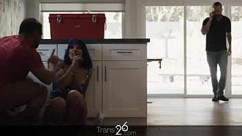 This transsexual girl fucks the plumber while her boyfriend is in the next room.