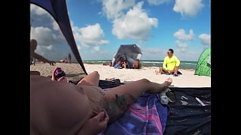 Exhibitionist Wife 511 - Mrs Kiss gives us her NUDE BEACH POV view of a VOYEUR JERKING OFF in front of her and several other men watching!