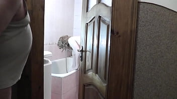 Step daughter accepts shower, step dad spy, masturbates cock and cum under door bathroom. step Daddy