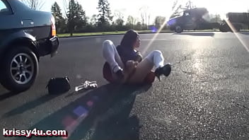 Transwoman Krissy4u VERY PUBLIC glass dildo play and cum in front of passing truckers, rv'_s and cars