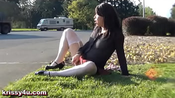 Transwoman Krissy4u VERY PUBLIC glass dildo play and cum in front of passing truckers, rv'_s and cars