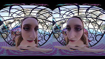 Horny blonde masturbates outside with her toys in virtual reality