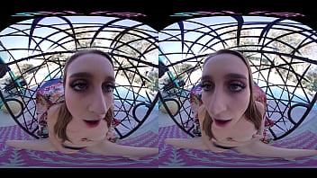 Horny blonde masturbates outside with her toys in virtual reality