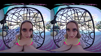 Horny blonde masturbates outside with her toys in virtual reality