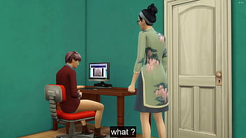 Asian stepmom catches her stepson again masturbating in his room watching a porn movie in front of the computer and she decided to help him by having sex with him