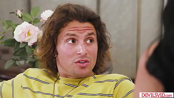 A guy licks then fucks his busty stepsis