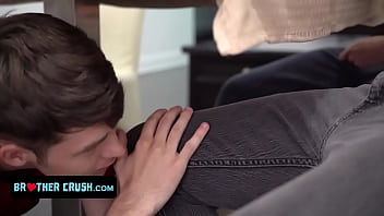 Innocent Twink Gives His Big StepBrothers A Blowjob Under The Table And The Bangs Them From Behind