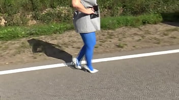 Flashing on the street in blue pantyhose