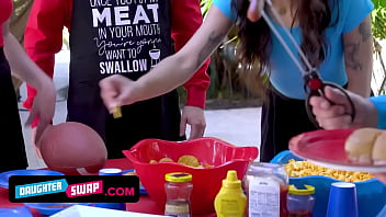 Attractive Teen StepDaughters Seduce Their StepFathers While Playing Football During A Sunday BBQ