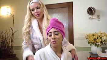 Violet Myers and her busty stepmom Elle turn their relaxing spa night into a hot sucking of tits and pussy licking for both of them.