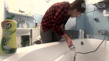 Lena Rose downblouse while cleaning bathtube