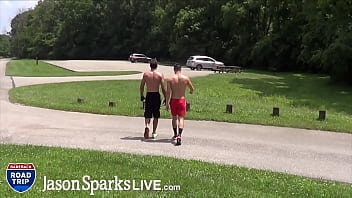 JASON SPARKS LIVE - Hot jocks flipfuck in the forest of a public park