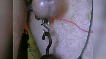 Cumshot through CBT Louis&#039_s urethra tube by prostate, cock and balls electro