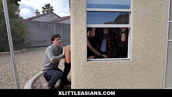 Asian Pizza deliver chick Ember Snow is getting her customers attention by slipping thru the window, unfortunately she got her self stuck.