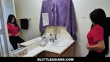 Asian Pizza deliver chick Ember Snow is getting her customers attention by slipping thru the window, unfortunately she got her self stuck.