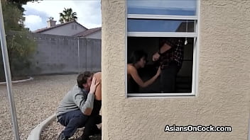 Two hard cocks for Asian delivery babe