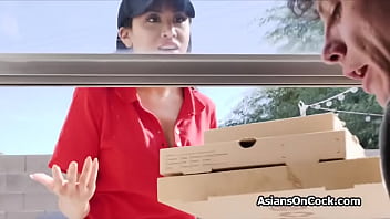 Two hard cocks for Asian delivery babe